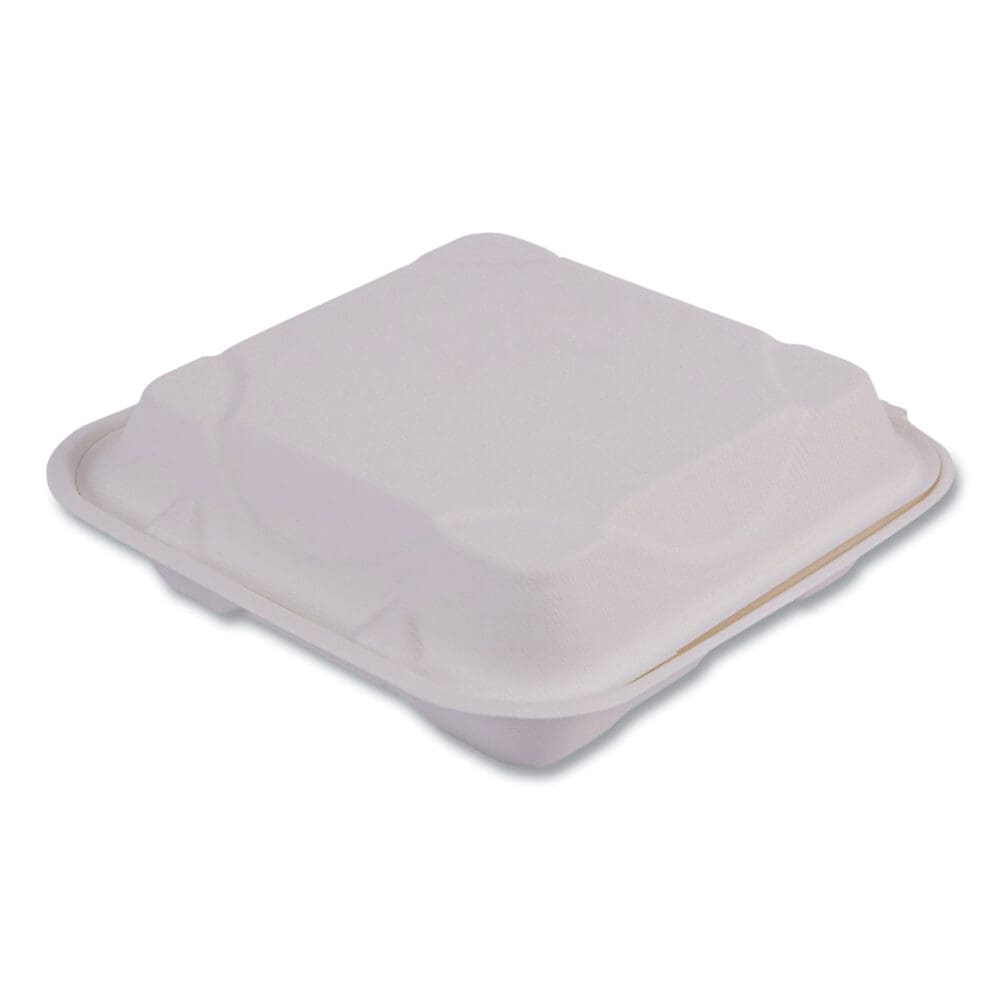 Vanguard Renewable and Compostable Sugarcane Clamshells, 3-Compartment, 9 x 9 x 3, White, 200/Carton