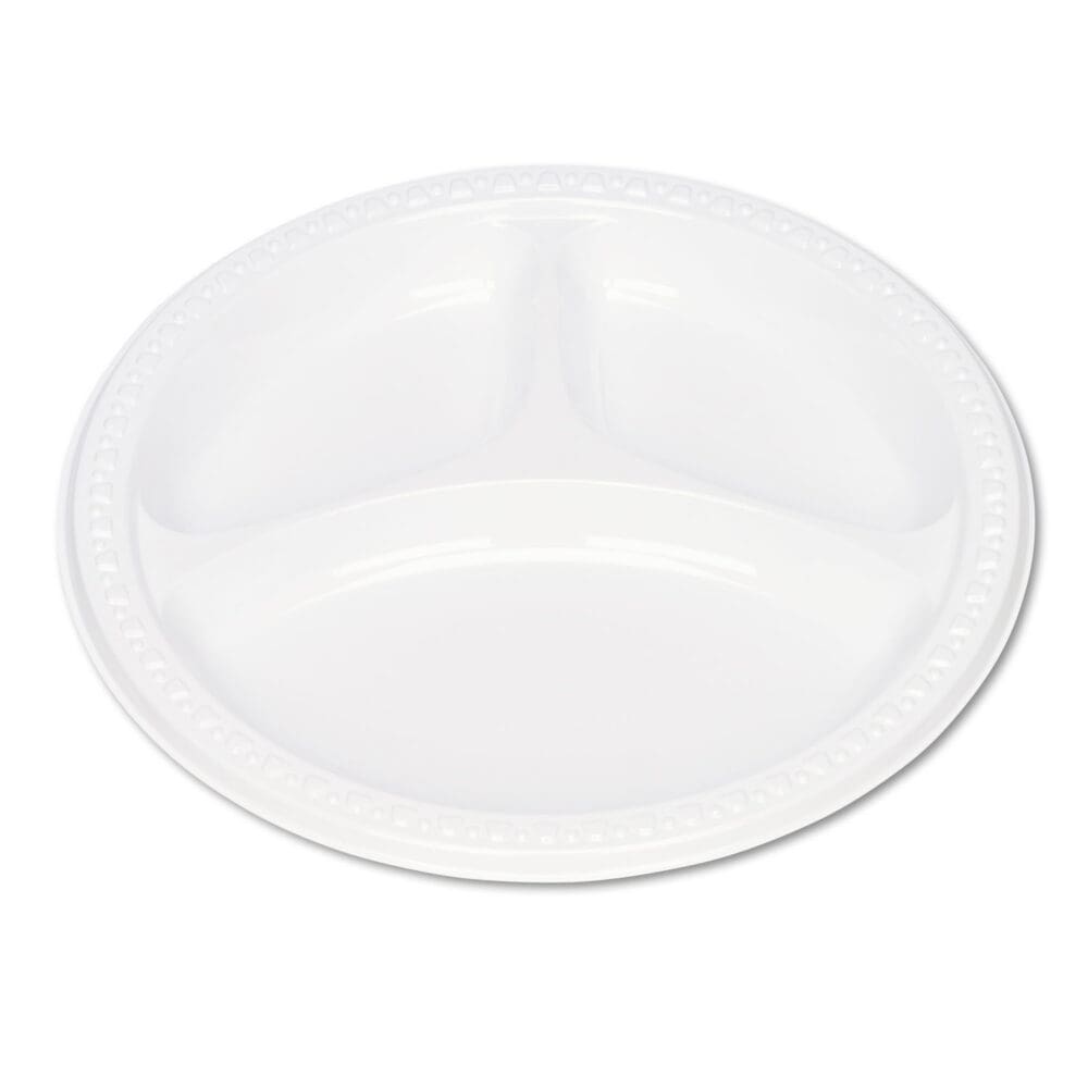 Plastic Dinnerware, Compartment Plates, 9" dia, White, 125/Pack